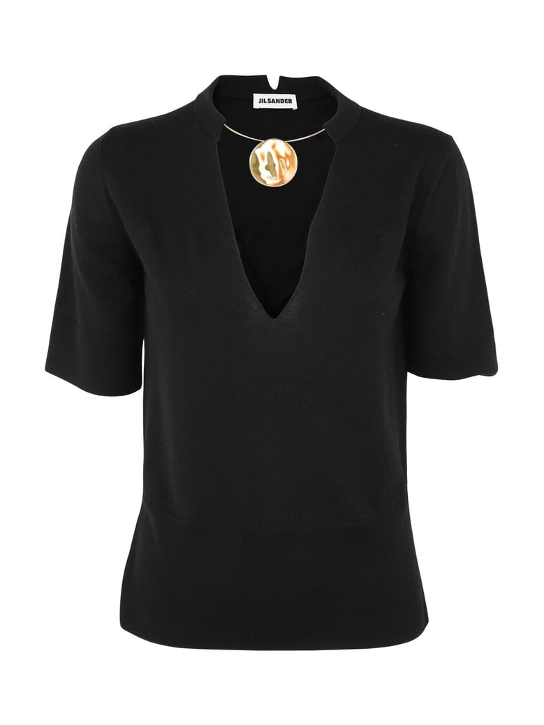 crew neck short sleeve knit with integrated jewel necklace by Selfnex