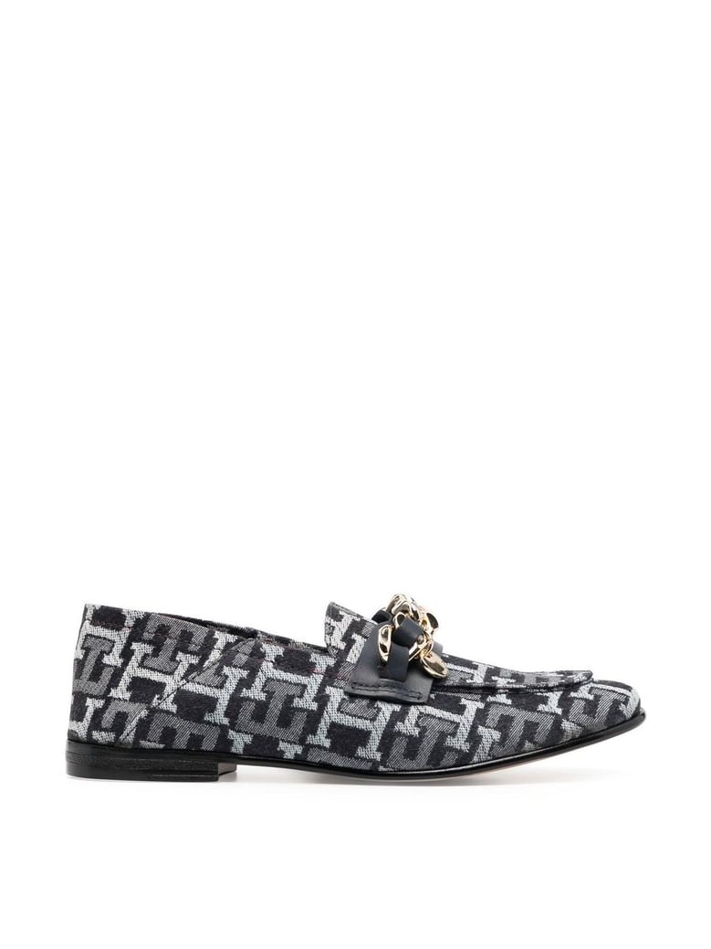 chain detail monogram denim loafers by Selfnex