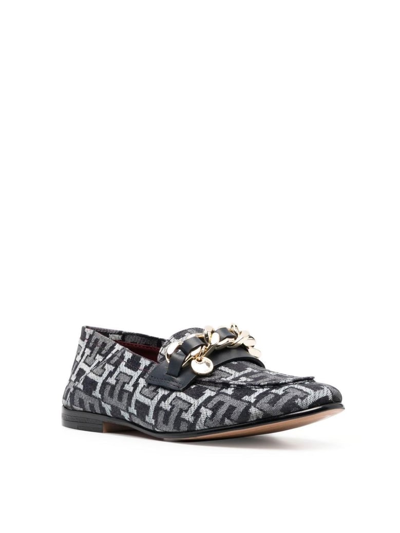 chain detail monogram denim loafers by Selfnex