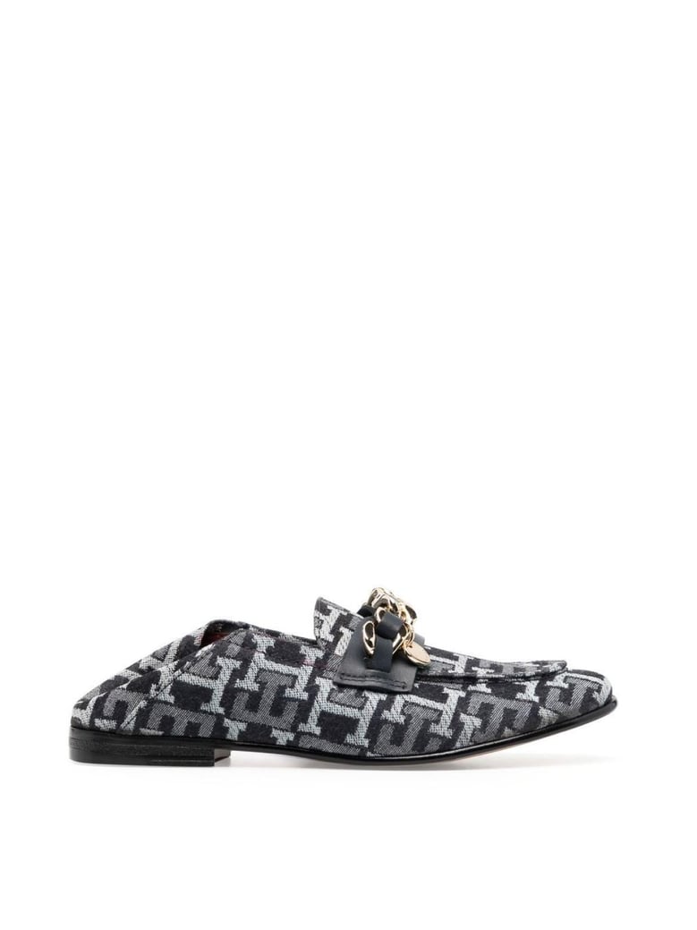 chain detail monogram denim loafers by Selfnex