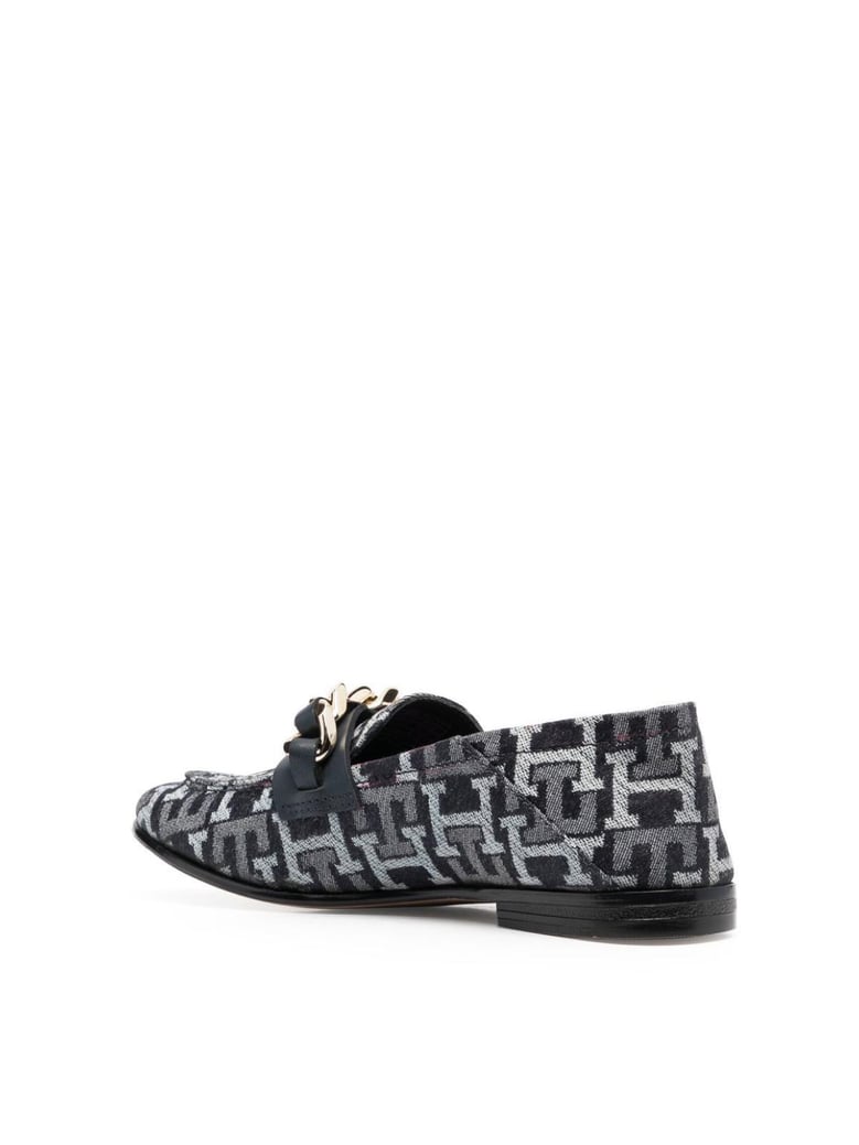 chain detail monogram denim loafers by Selfnex