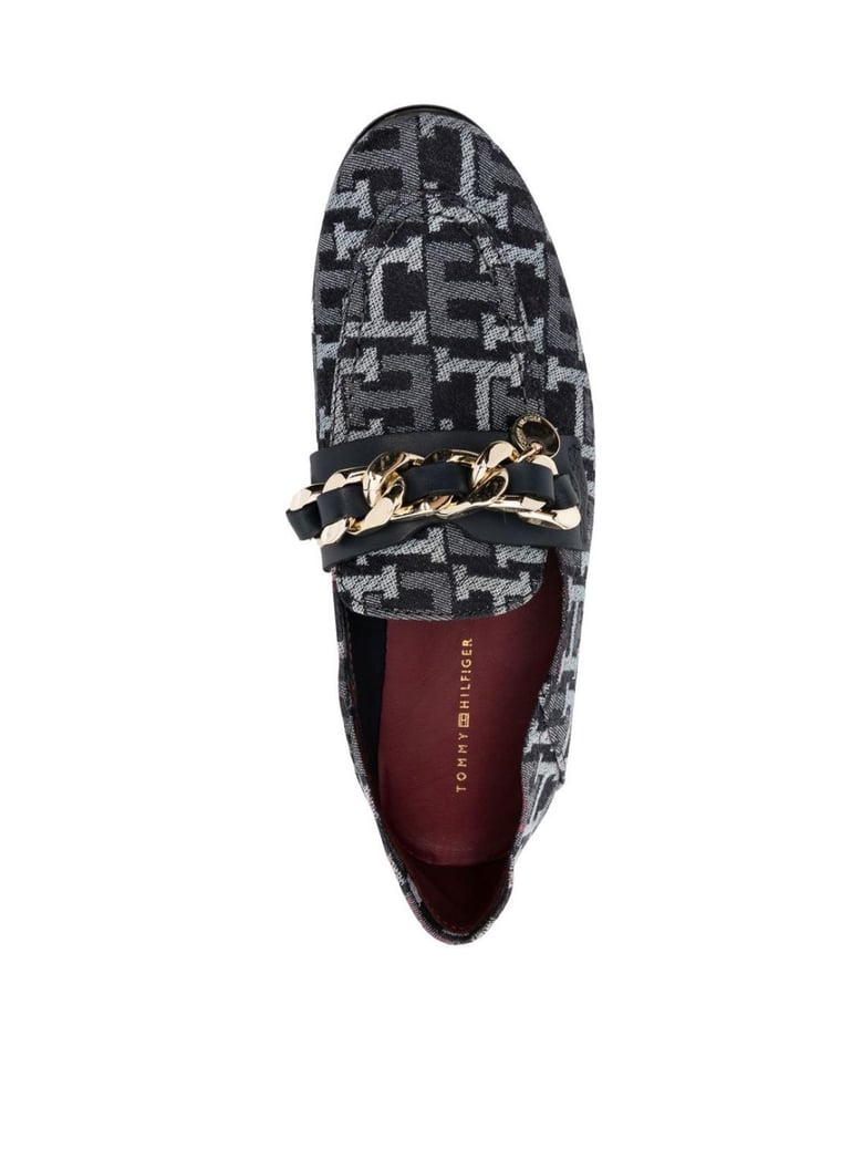 chain detail monogram denim loafers by Selfnex
