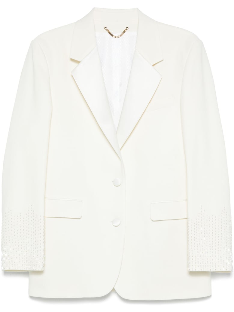 journey w`s single breasted over jacket viscose wool crepe w satin lapel & beads embroidery by Selfnex
