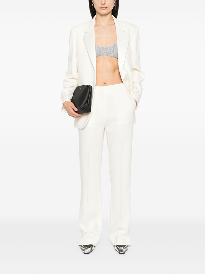 journey w`s single breasted over jacket viscose wool crepe w satin lapel & beads embroidery by Selfnex