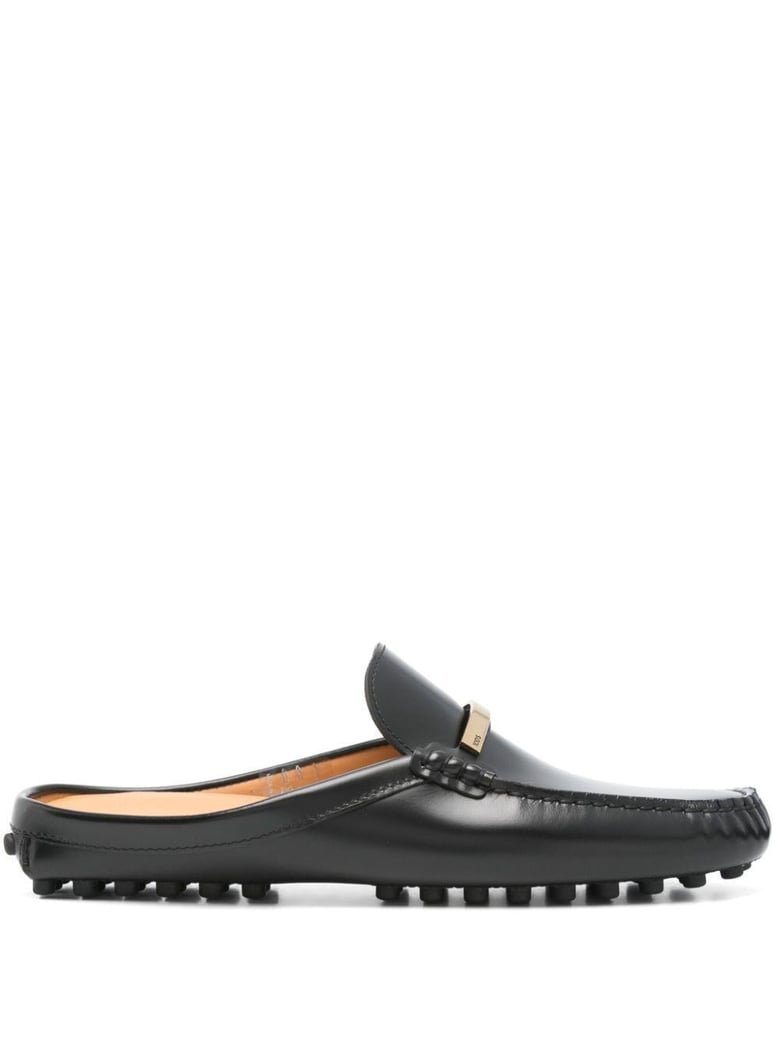 branded metal bar leather gommino mules by Selfnex