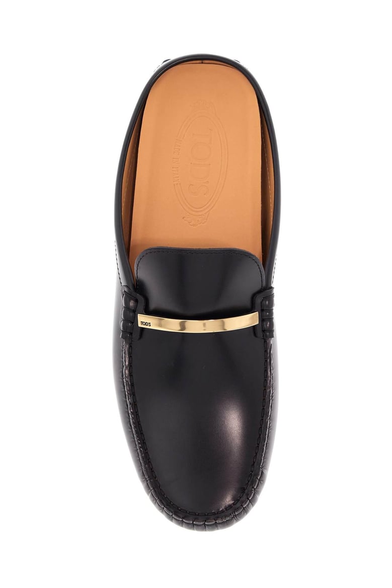 branded metal bar leather gommino mules by Selfnex