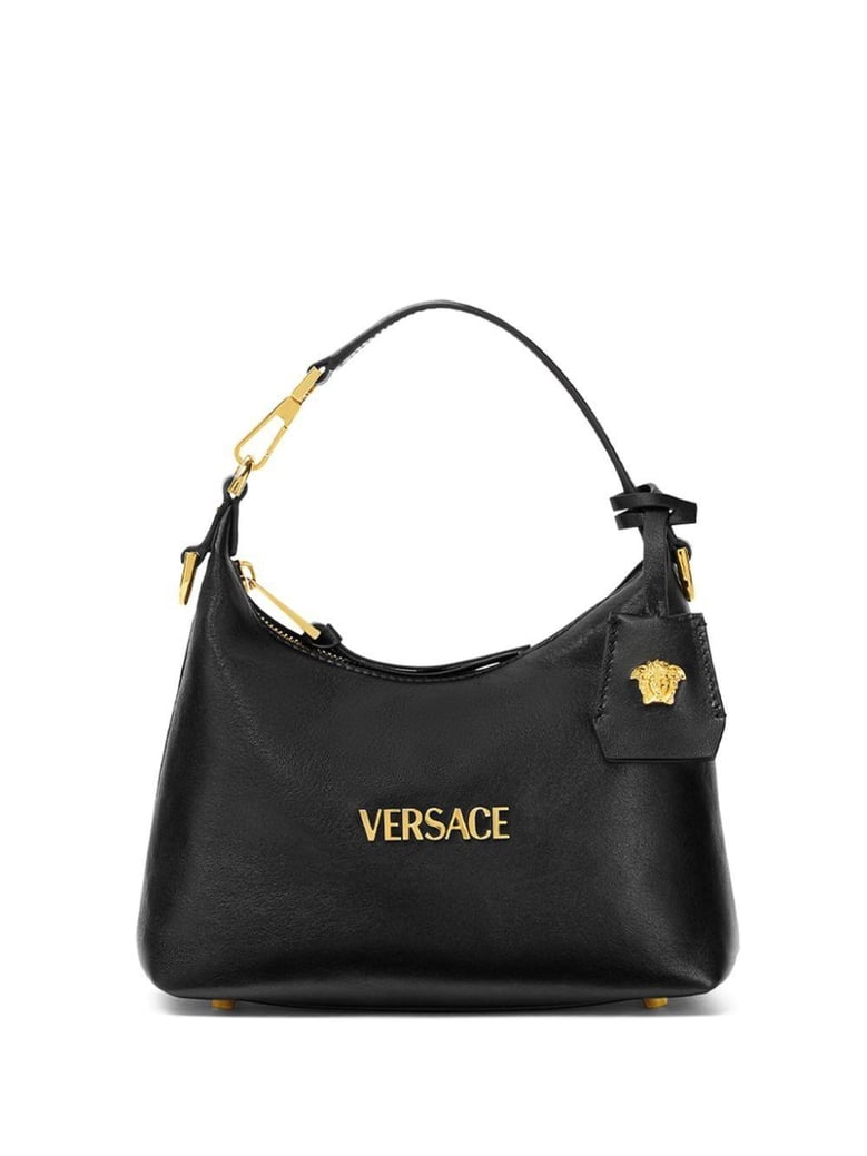 versace tag hobo bag in leather with embossed logo by Selfnex