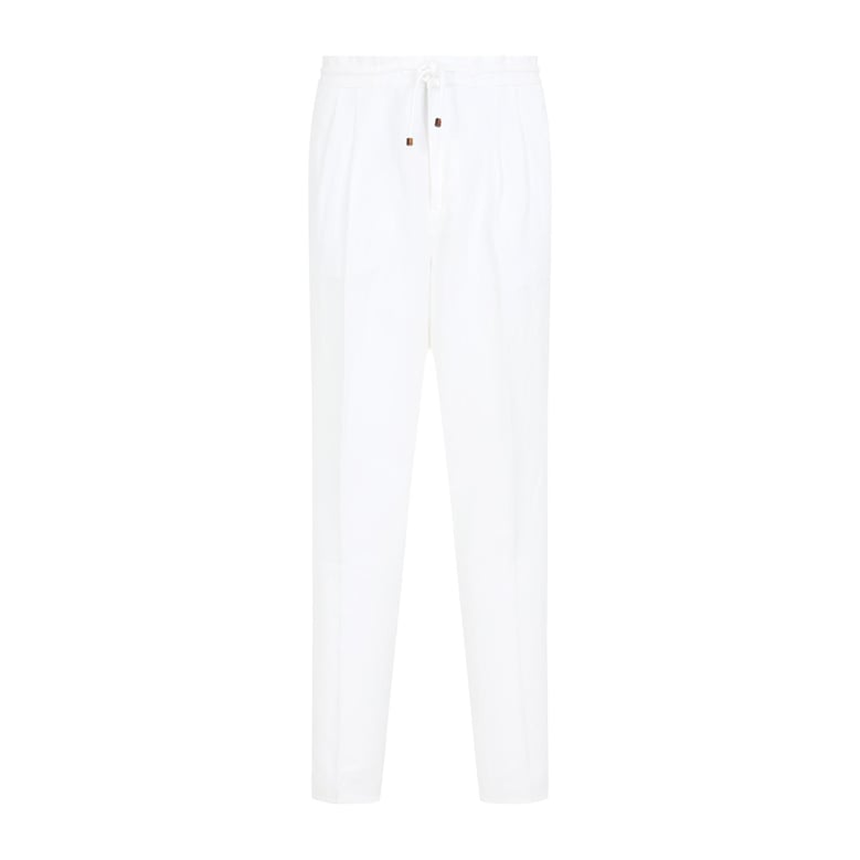 leisure fit trousers in linen and cotton gabardine with drawstring and double darts by Selfnex
