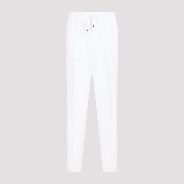 leisure fit trousers in linen and cotton gabardine with drawstring and double darts by Selfnex