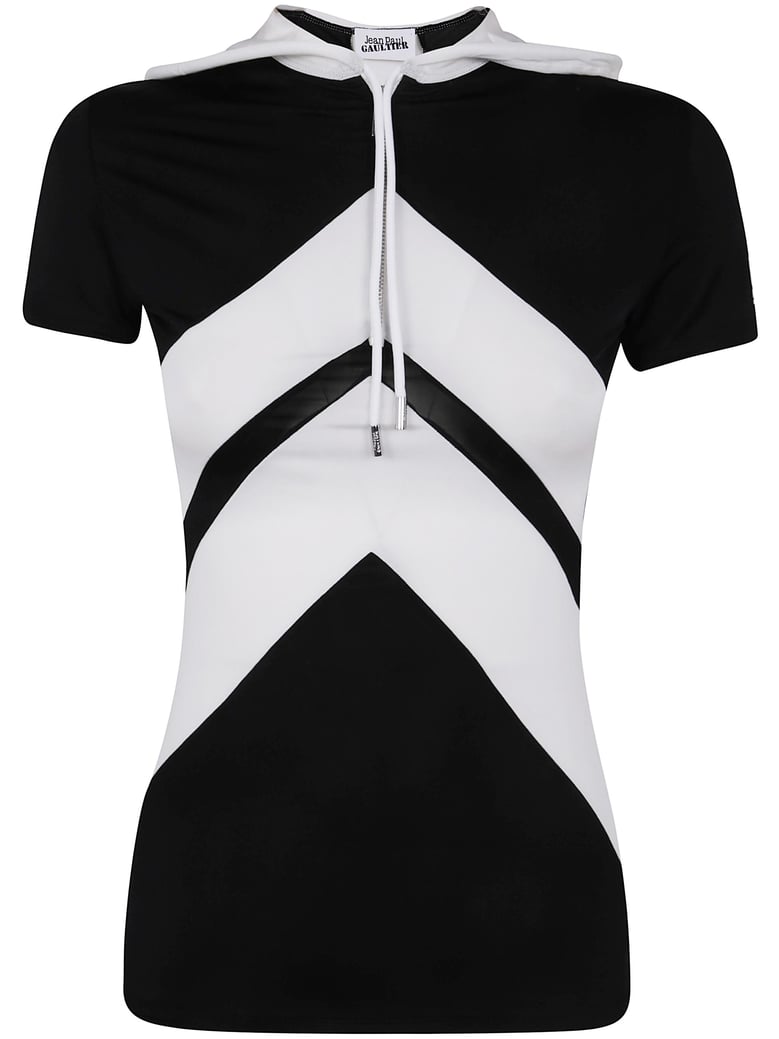 viscose baby tee shirt with inlaid chevron gaultier patch detail and hood by Selfnex