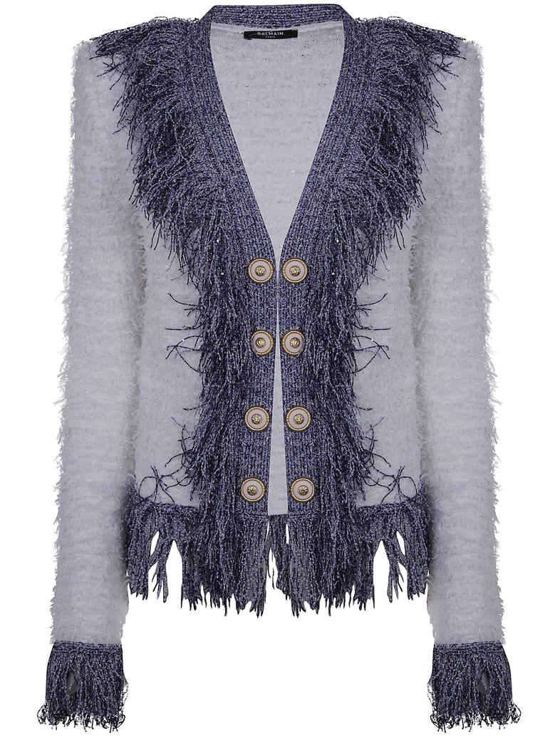 collarless glittered fringed tweed jkt by Selfnex