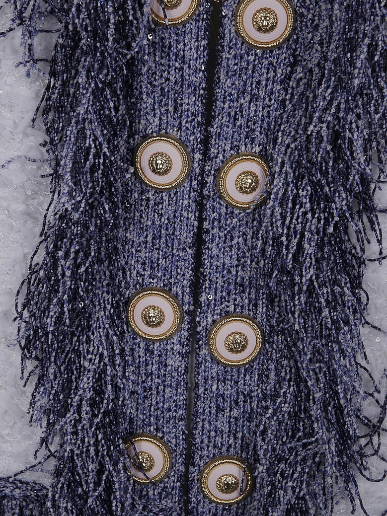 collarless glittered fringed tweed jkt by Selfnex