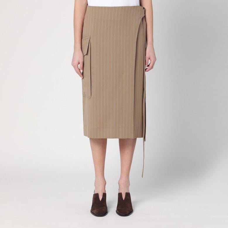 sand-coloured pinstriped wrap skirt by Selfnex