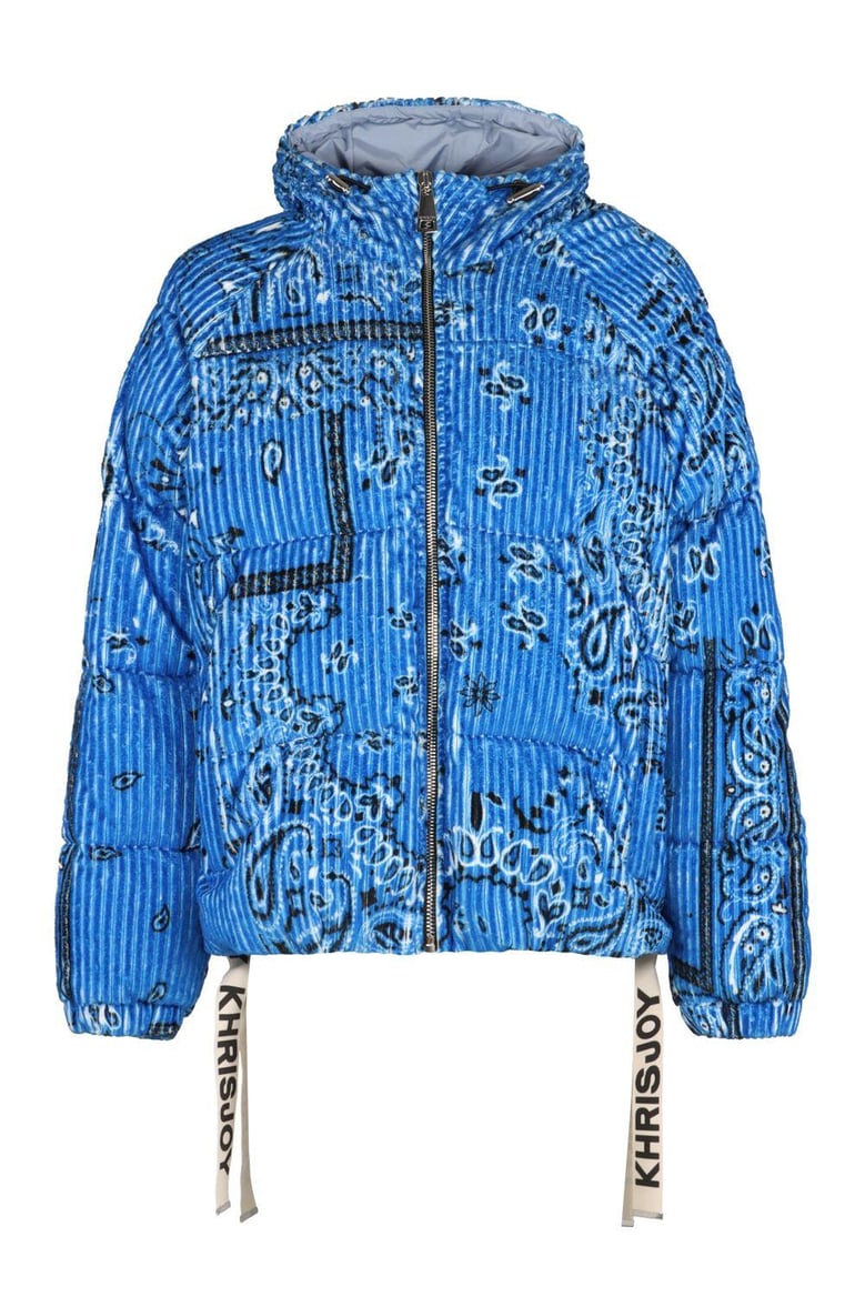 puff bandana corduroy hooded down jacket by Selfnex