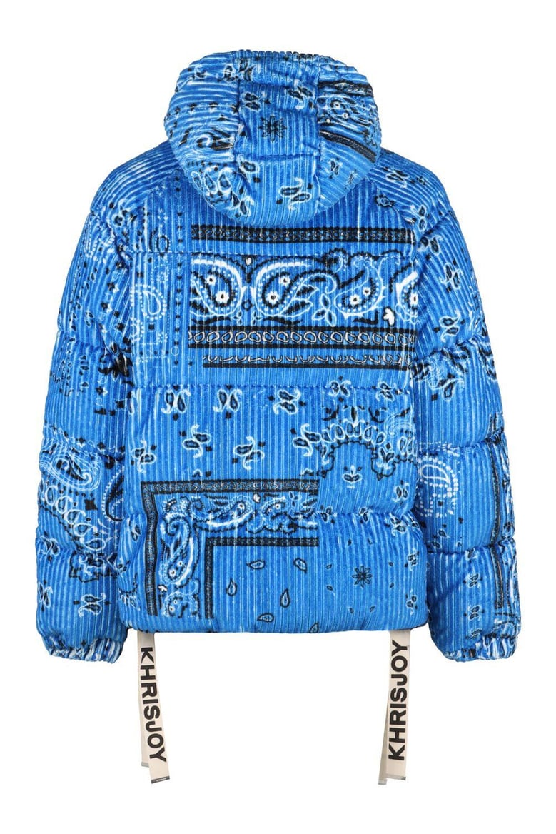 puff bandana corduroy hooded down jacket by Selfnex