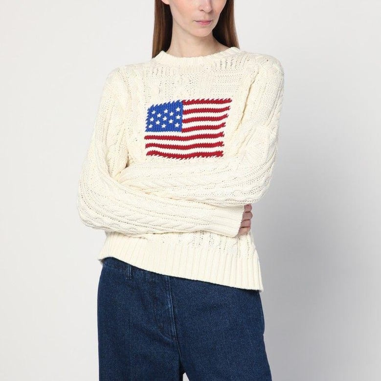 cream-colored sweater with flag detail by Selfnex