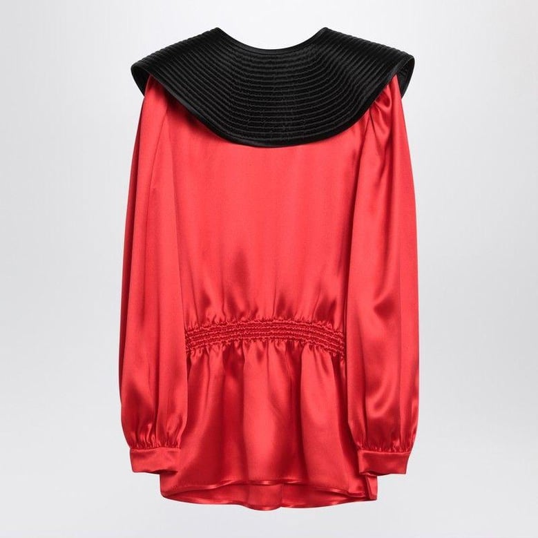red silk blouse with black collar by Selfnex