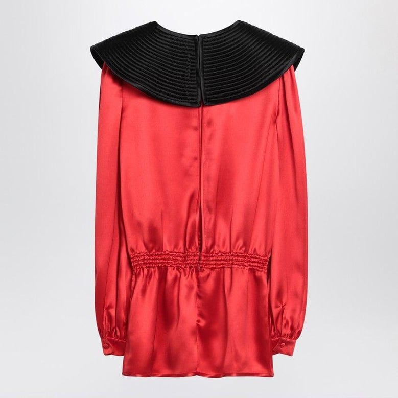 red silk blouse with black collar by Selfnex