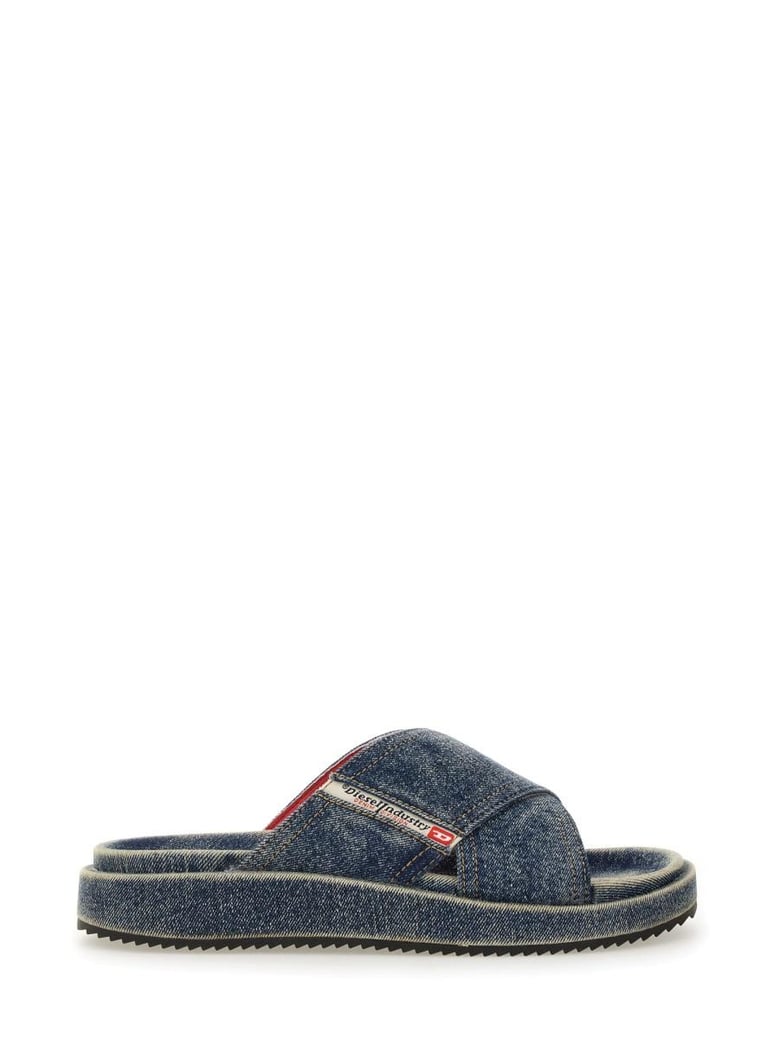 denim slides with criss cross straps by Selfnex