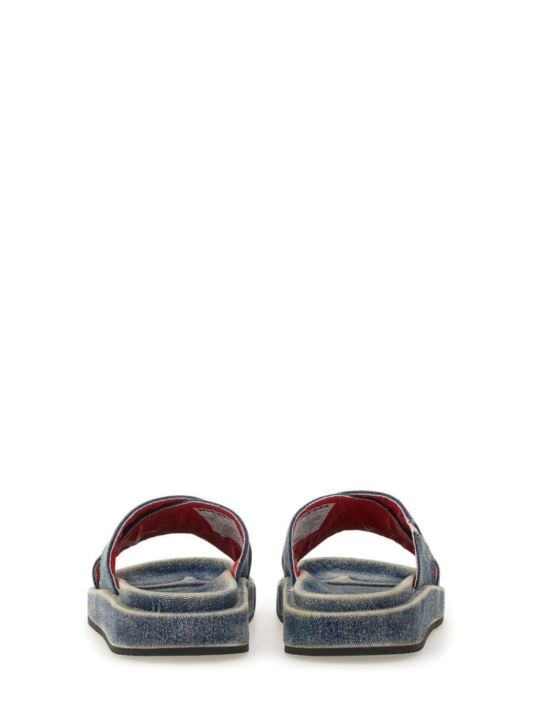 denim slides with criss cross straps by Selfnex