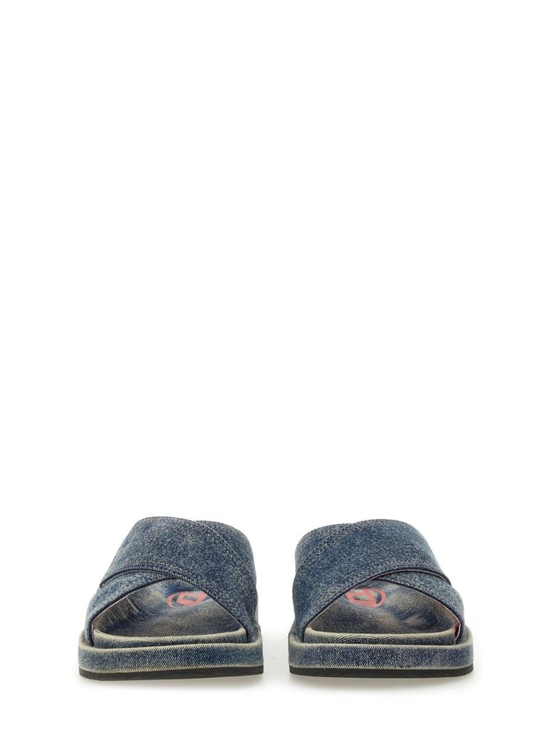 denim slides with criss cross straps by Selfnex