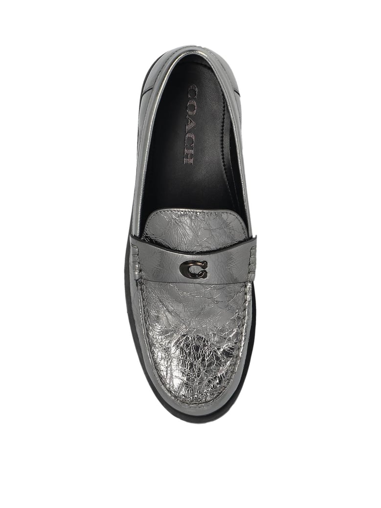 jocelyn crinkle leather logo loafers by Selfnex