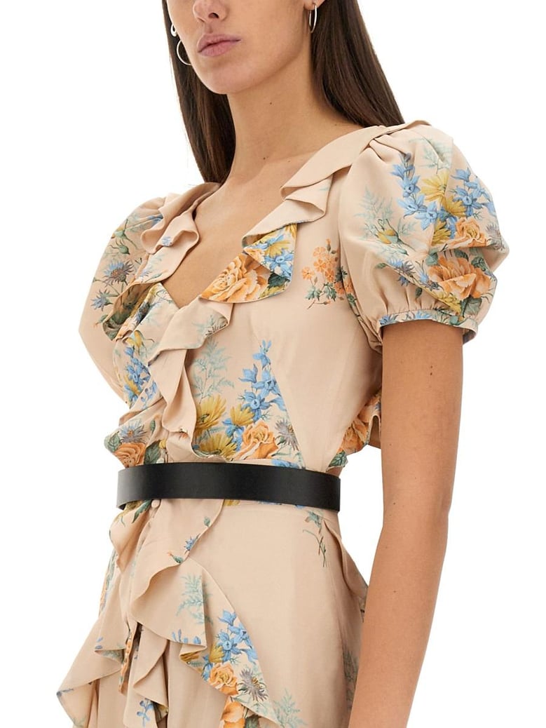floral print ruched silk dress by Selfnex