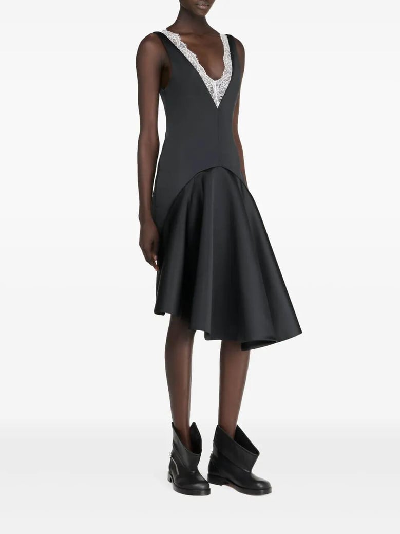 draped hem v neck dress by Selfnex