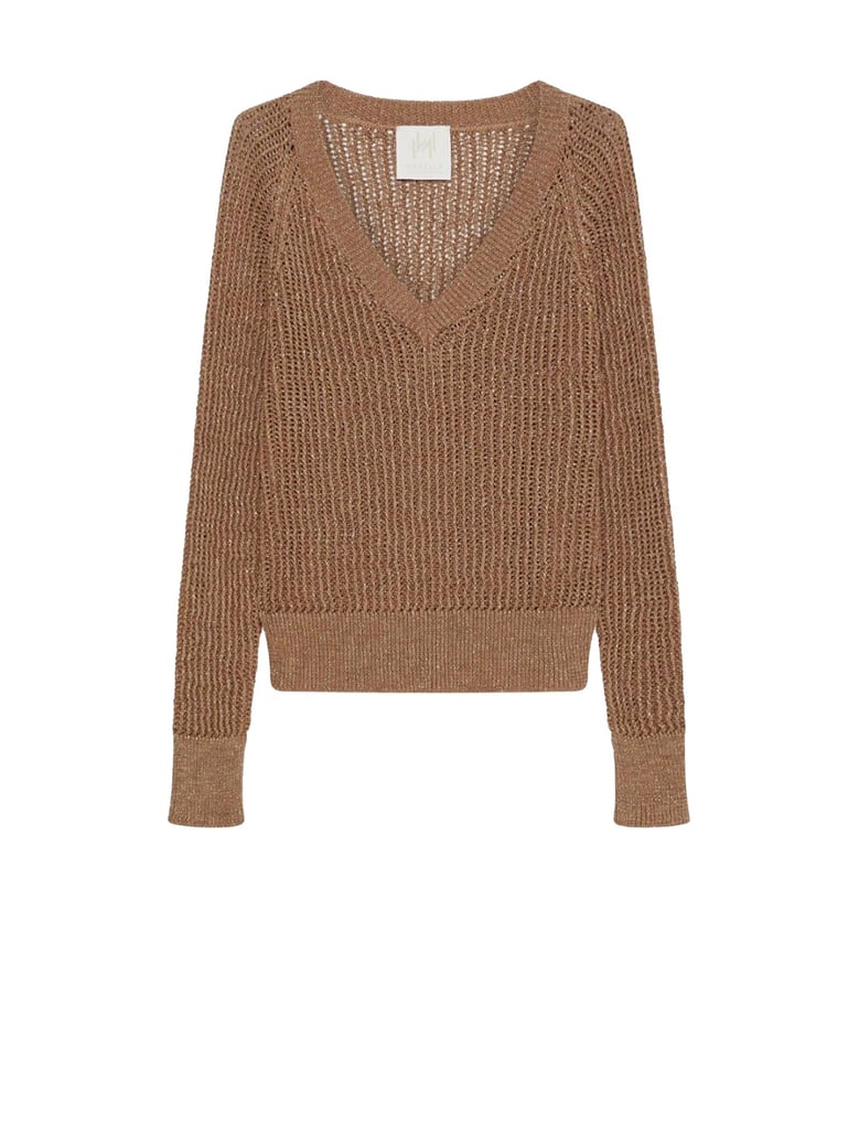 camel v-neck sweater in lurex cotton by Selfnex