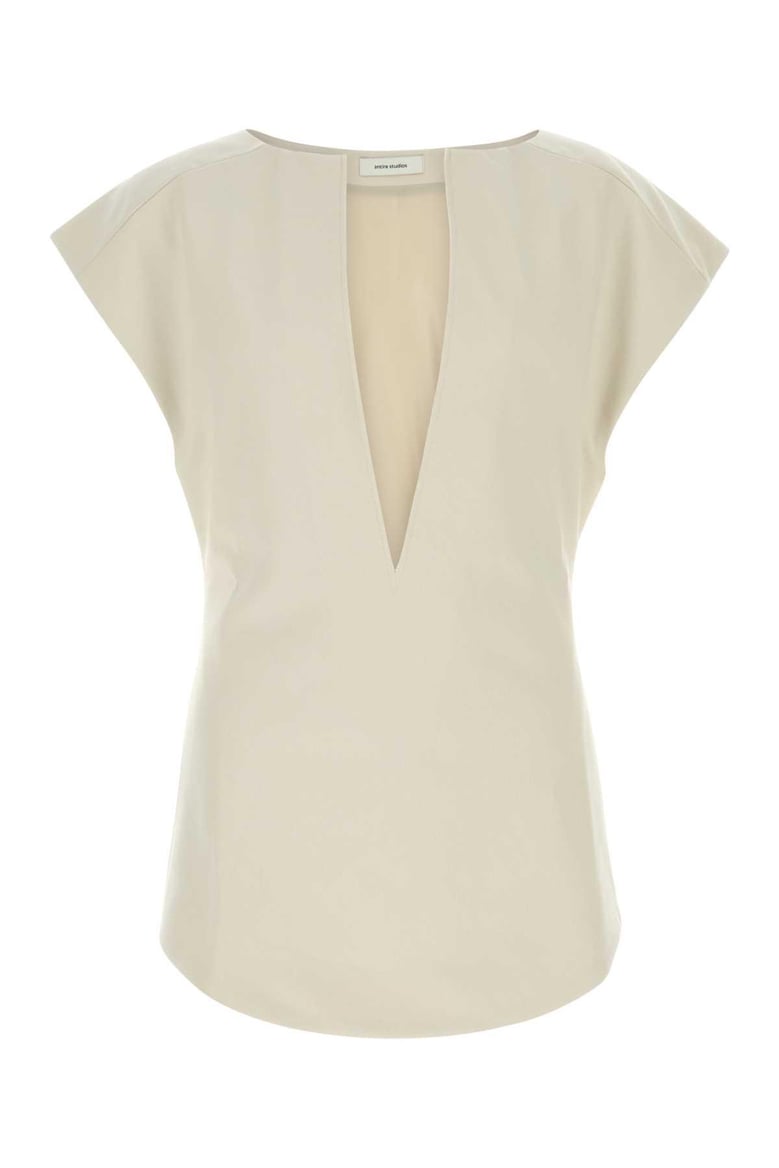sand stretch polyester blend deep vee tank top by Selfnex
