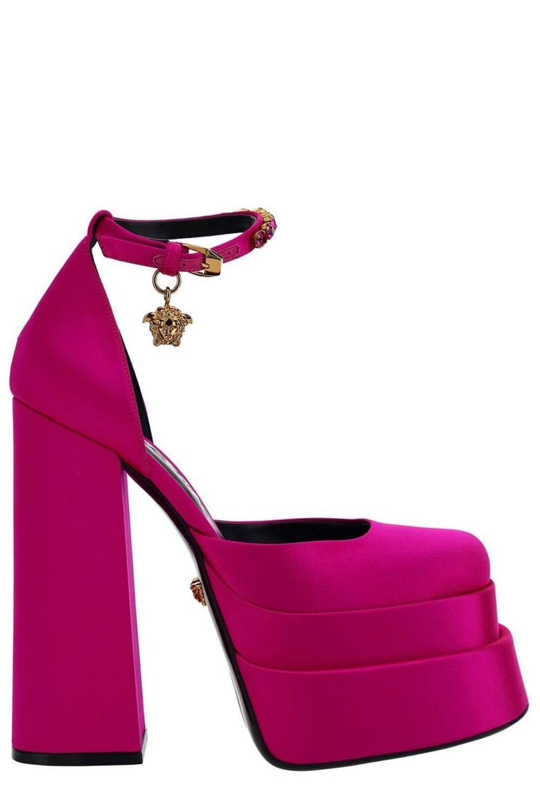 fuchsia satin medusa aevitas pumps by Selfnex