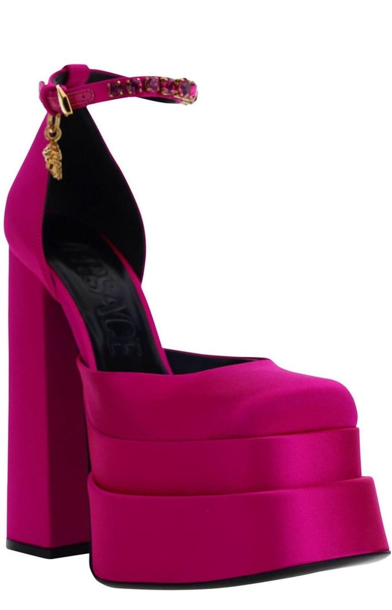 fuchsia satin medusa aevitas pumps by Selfnex