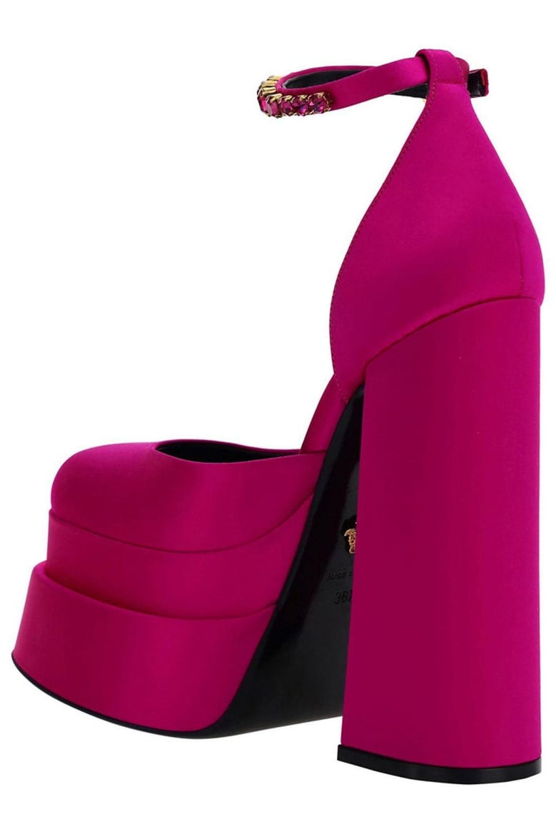 fuchsia satin medusa aevitas pumps by Selfnex
