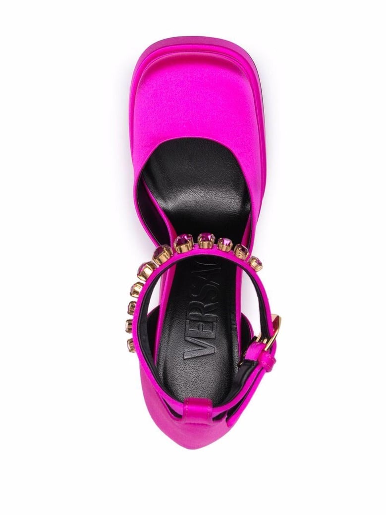 fuchsia satin medusa aevitas pumps by Selfnex