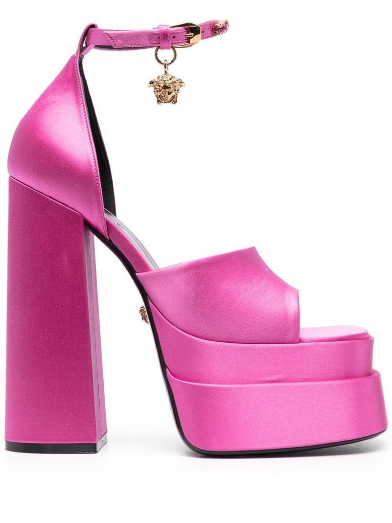 fuchsia satin medusa aevitas sandals by Selfnex