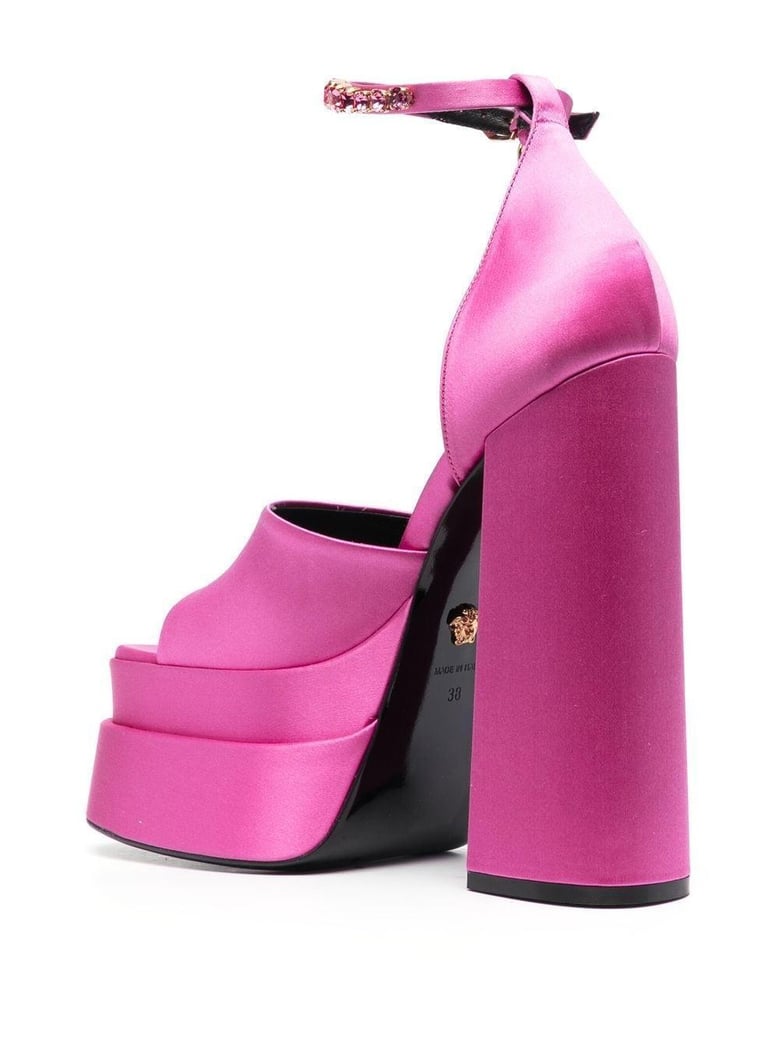 fuchsia satin medusa aevitas sandals by Selfnex