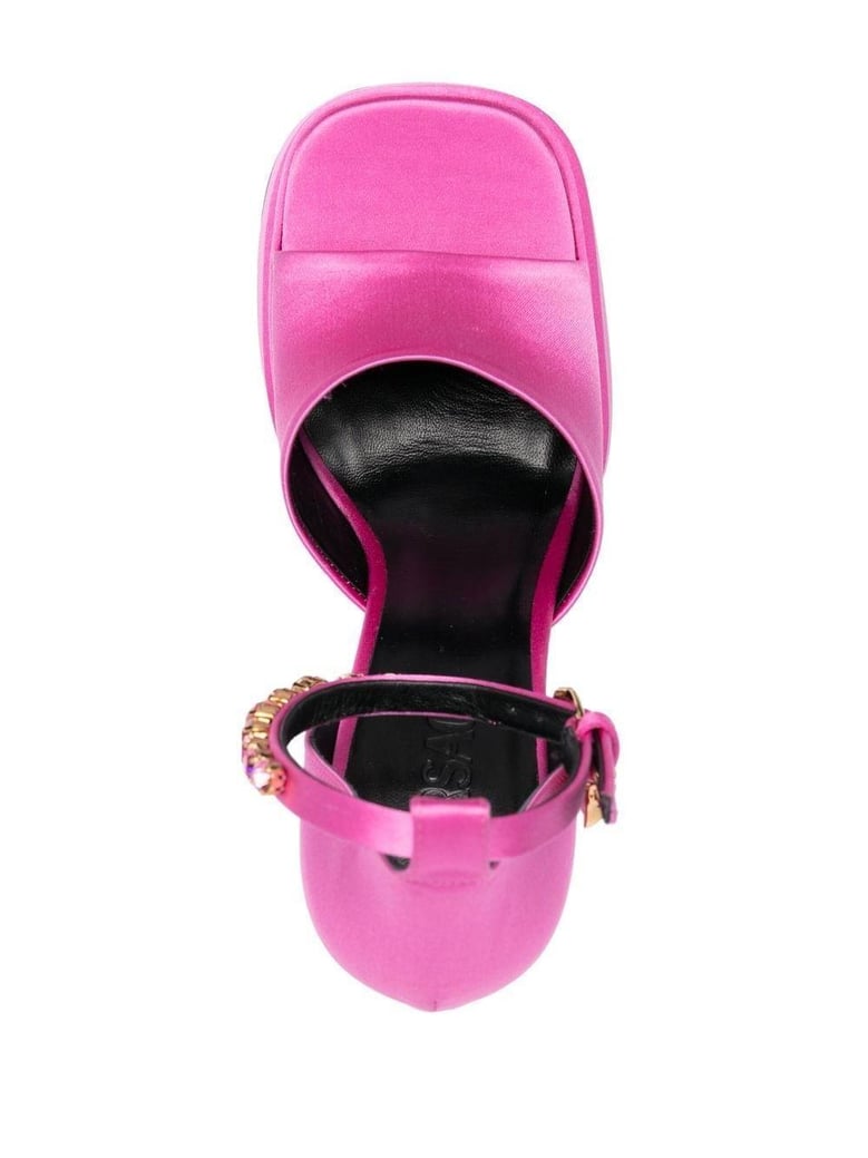 fuchsia satin medusa aevitas sandals by Selfnex