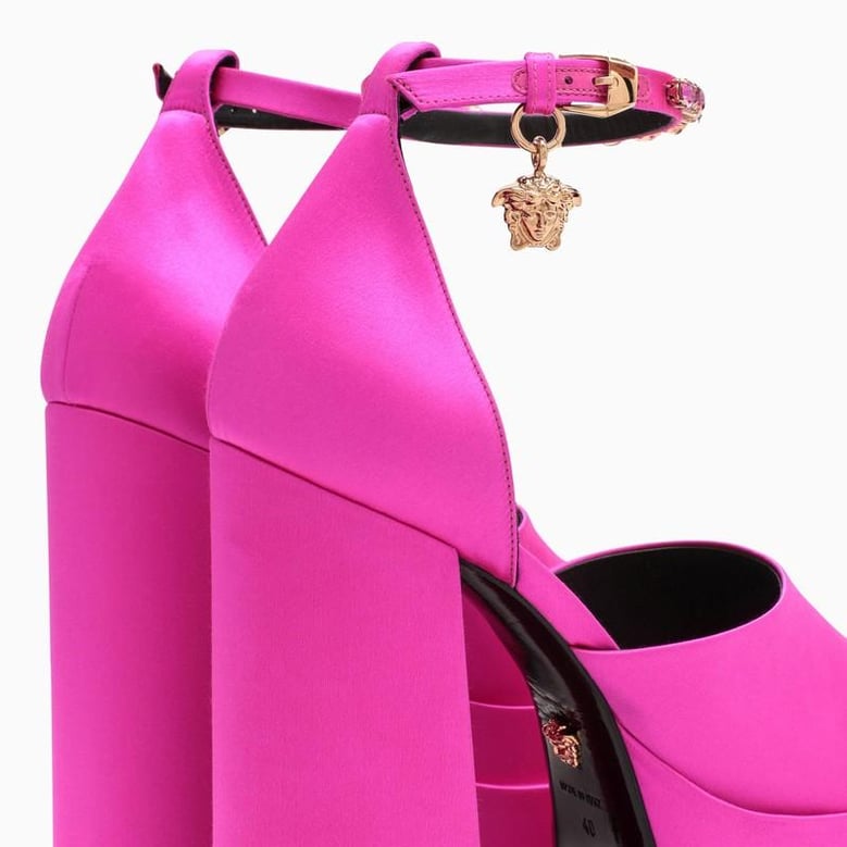 fuchsia satin medusa aevitas sandals by Selfnex