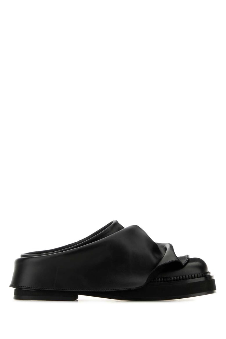 black leather mini robin slippers by Selfnex