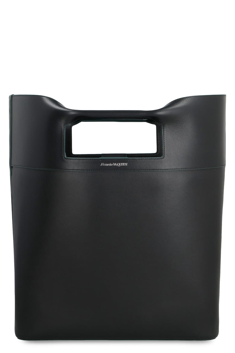 black leather the square bow shopping bag by Selfnex