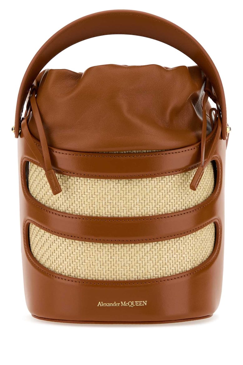 two-tone leather and raffia the rise bucket bag by Selfnex