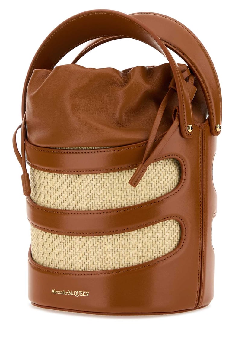 two-tone leather and raffia the rise bucket bag by Selfnex