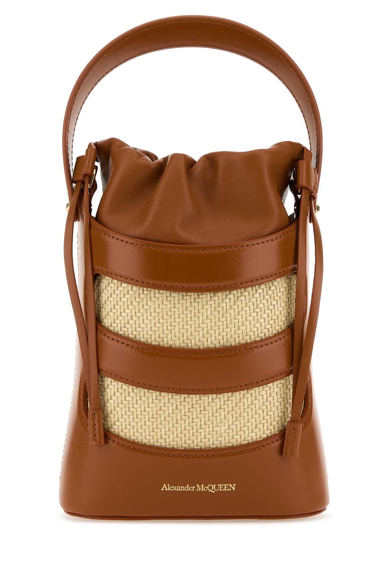 two-tone leather and raffia mini the rise bucket bag by Selfnex