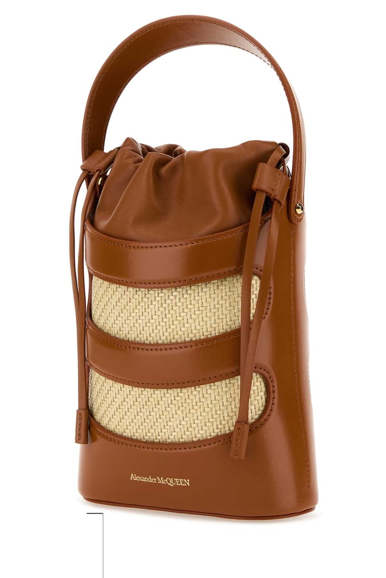 two-tone leather and raffia mini the rise bucket bag by Selfnex