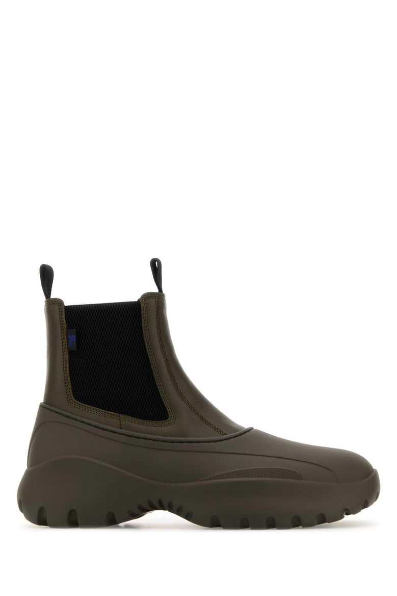 olive green leather and rubber chelsea scoot ankle boots by Selfnex