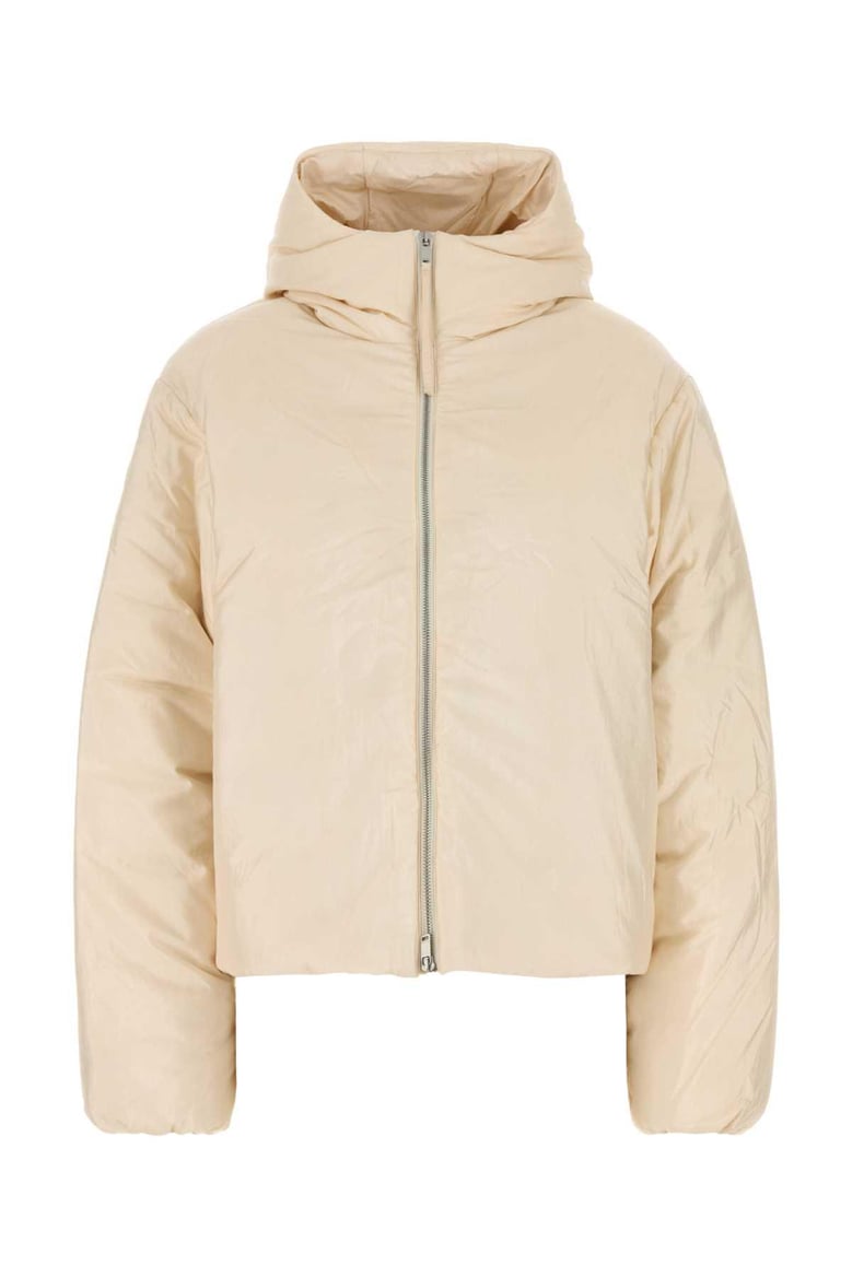 cream nylon blend down jacket by Selfnex