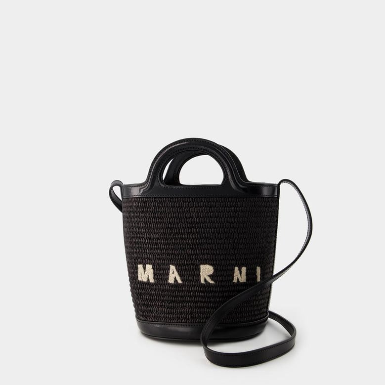 black leather and raffia tropicalia bucket bag by Selfnex