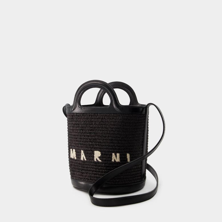 black leather and raffia tropicalia bucket bag by Selfnex