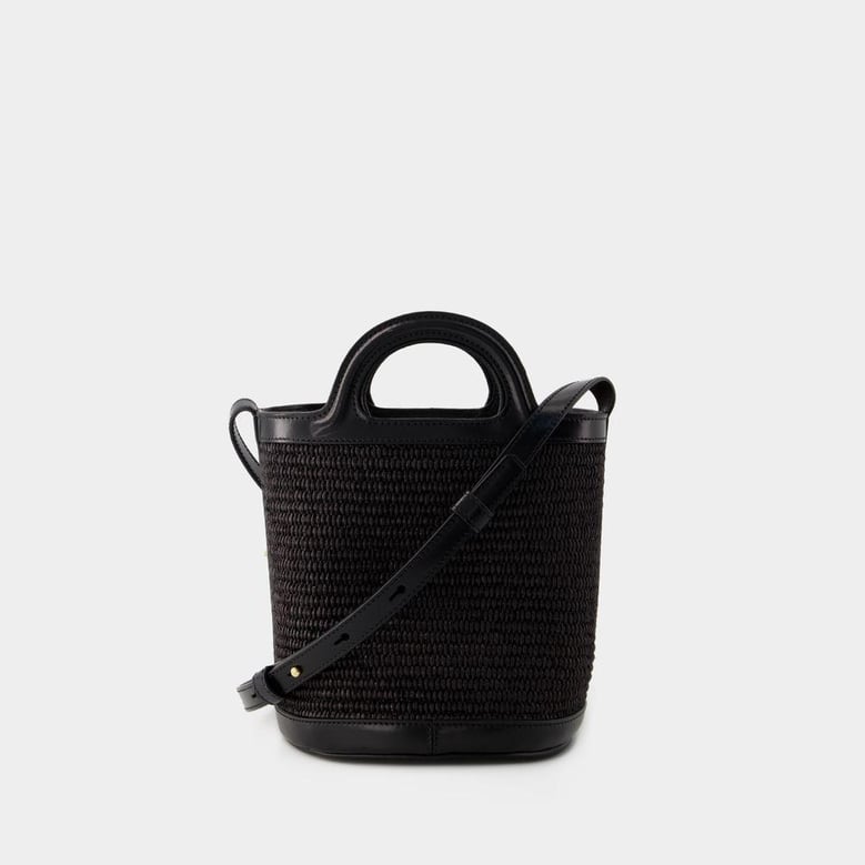 black leather and raffia tropicalia bucket bag by Selfnex