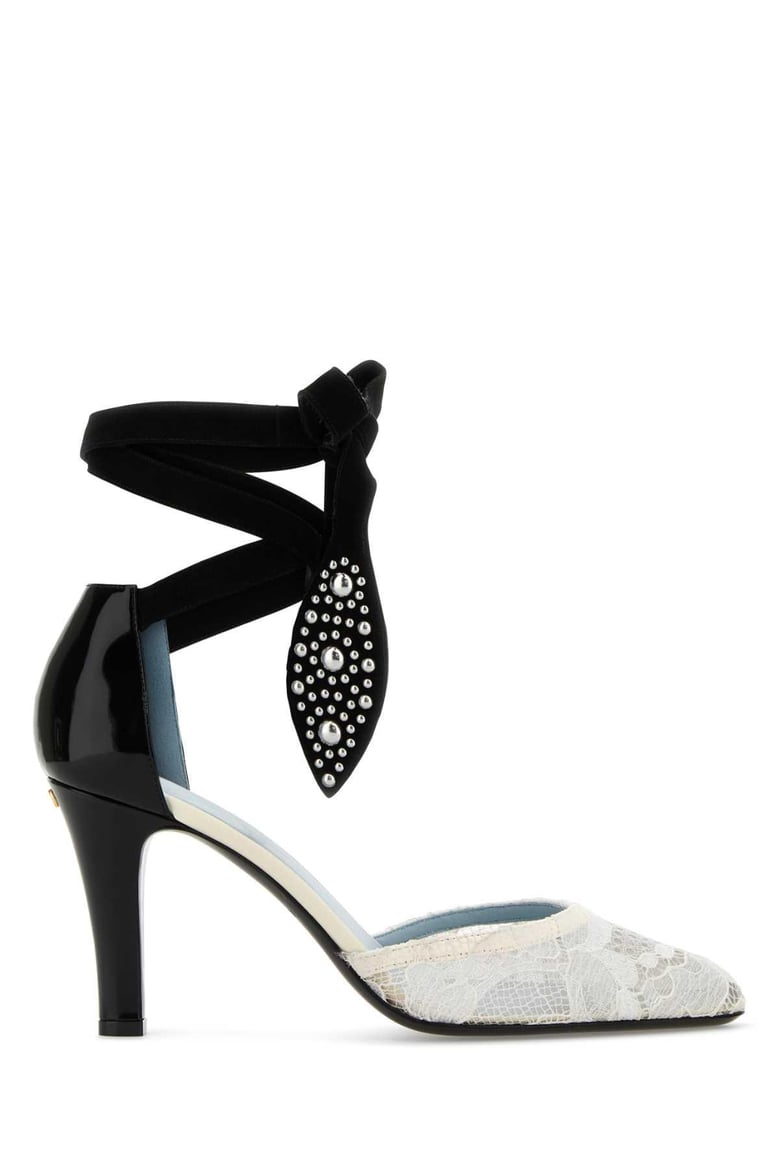 two-tone lace and leather foliefoliage pumps by Selfnex